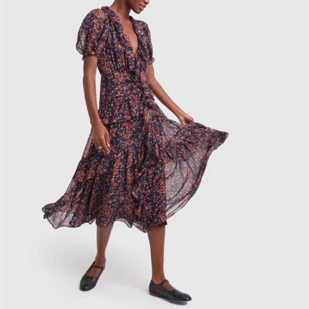 Ulla Johnson Delphine Floral Midi Dress Cosmos Navy‎ Size 0 Puff Sleeve Sheer